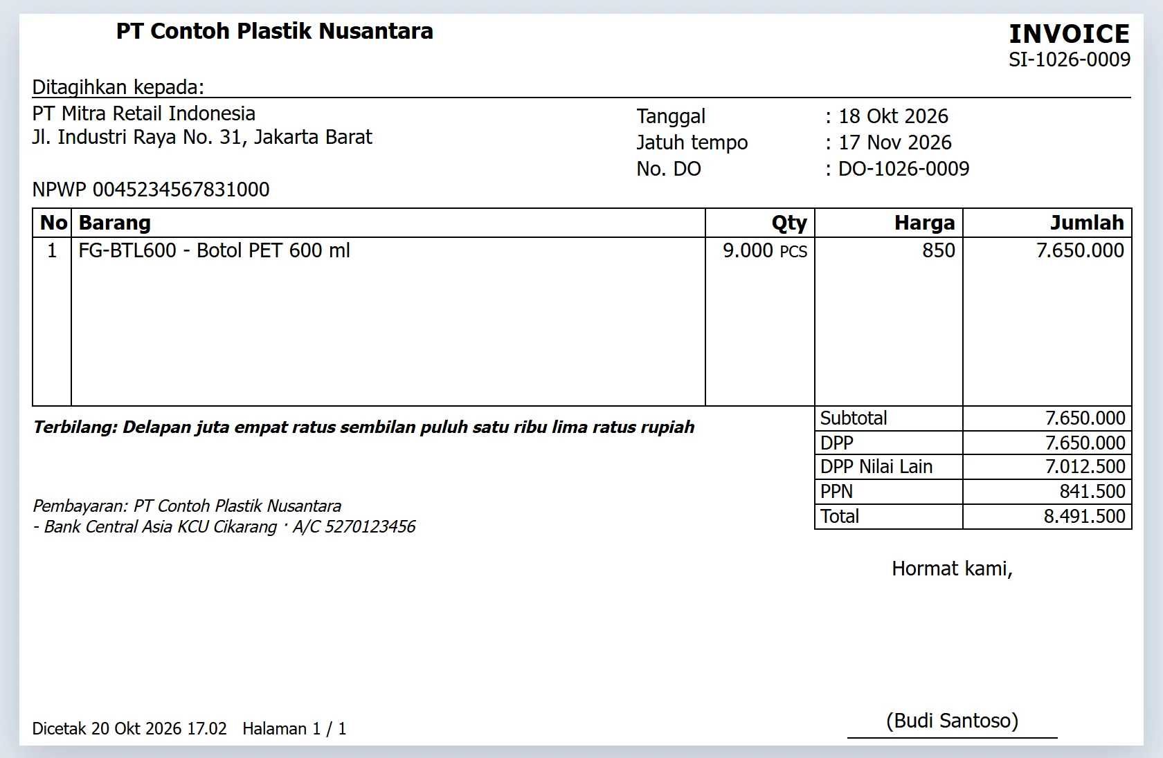 Cetakan invoice dot matrix setengah folio